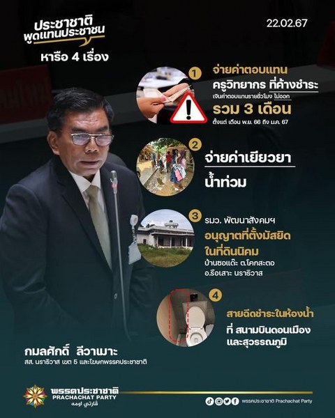 นายกมลศักดิ์ ลีวาเมาะ สมาชิกสภาผู้แทนราษฎร เขต 5 นราธิวาส ประกอบไปด้วยอำเภอบาเจาะ อำเภอรือเสาะอำเภอศรีสาคร พรรคประชาชาติ วันนี้มีประเด็นหารือ ปัญหาความเดือดร้อน ของพี่น้อง 4 เรื่องด้วยกัน